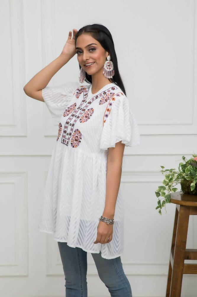 Myshka Women Solid V-Neck Flared Sleeves Synthetic Georgette White Top