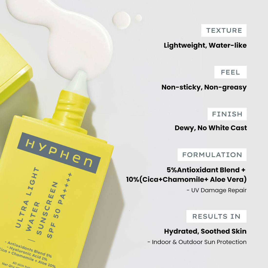 Hyphen By Kriti Sanon Ultra Light Water Sunscreen SPF 50 PA++++ UVA-UVB & Blue Light Protection, No White Cast, For Men & Women 