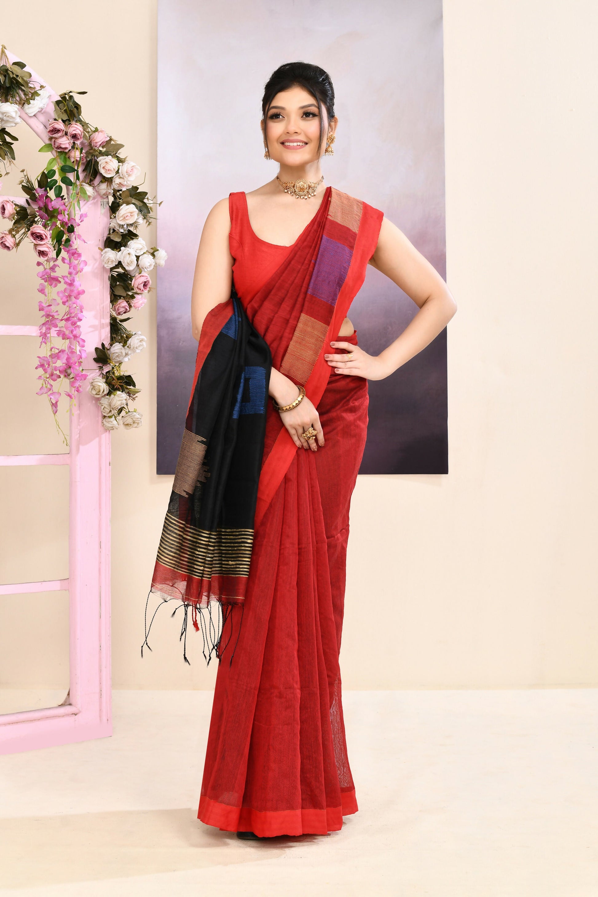 Piyari Fashion Women's Maroon Temple Border Embellished Cotton Blend Jamdani Saree