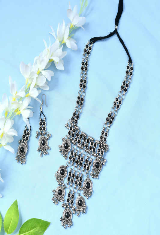 Mominos Fashion Johar Kamal Oxidised Silver-Plated Brass Finish Black Kundan Afghani Long Necklace For Women - Grab2buy
