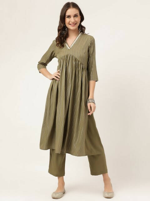 FIORRA Women's Olive Green Poly Crepe A-Line Kurta Set 