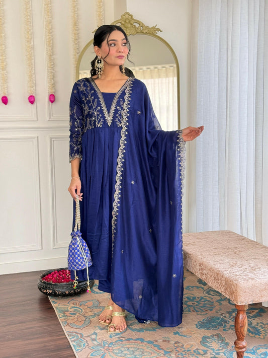 The52 Blue Women's Beautiful Embroidered Vichitra Silk Fabric with Flared Kurta, Pant and Dupatta Set | Grab2Buy