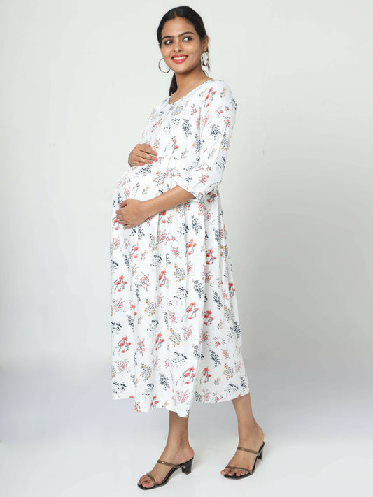 Manet Three Fourth Maternity Dress Floral Print With Concealed Zipper Nursing Access - White