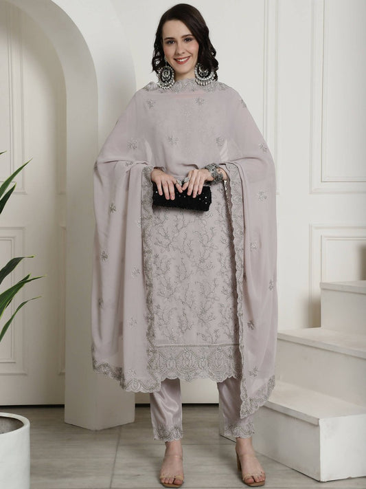 Aastha Fashion Women's Grey Georgette Floral Resham Thread with Cording & Crystal work Kurta with Trouser & Dupatta - Grab2buy