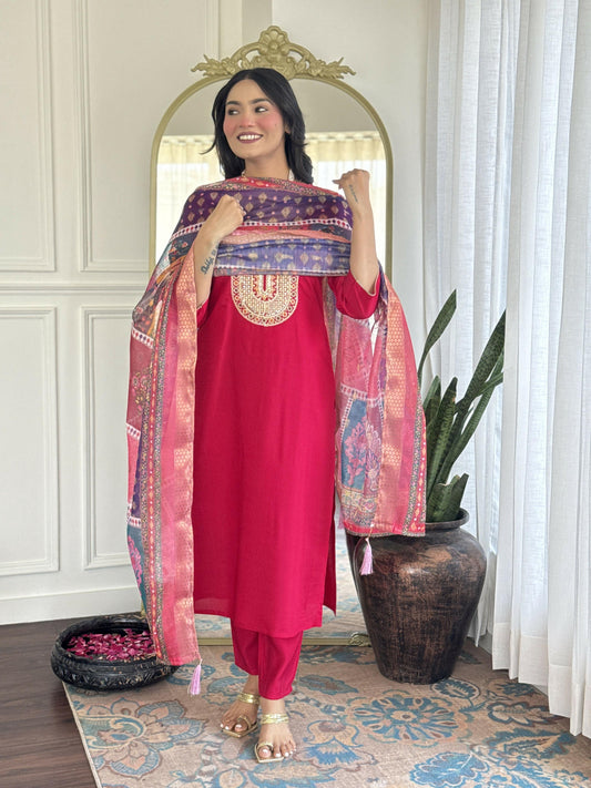 The52 Rani Gorgeous Embroidered Chanderi Silk Fabric Straight Kurta Pant with Dupatta Set | Grab2Buy