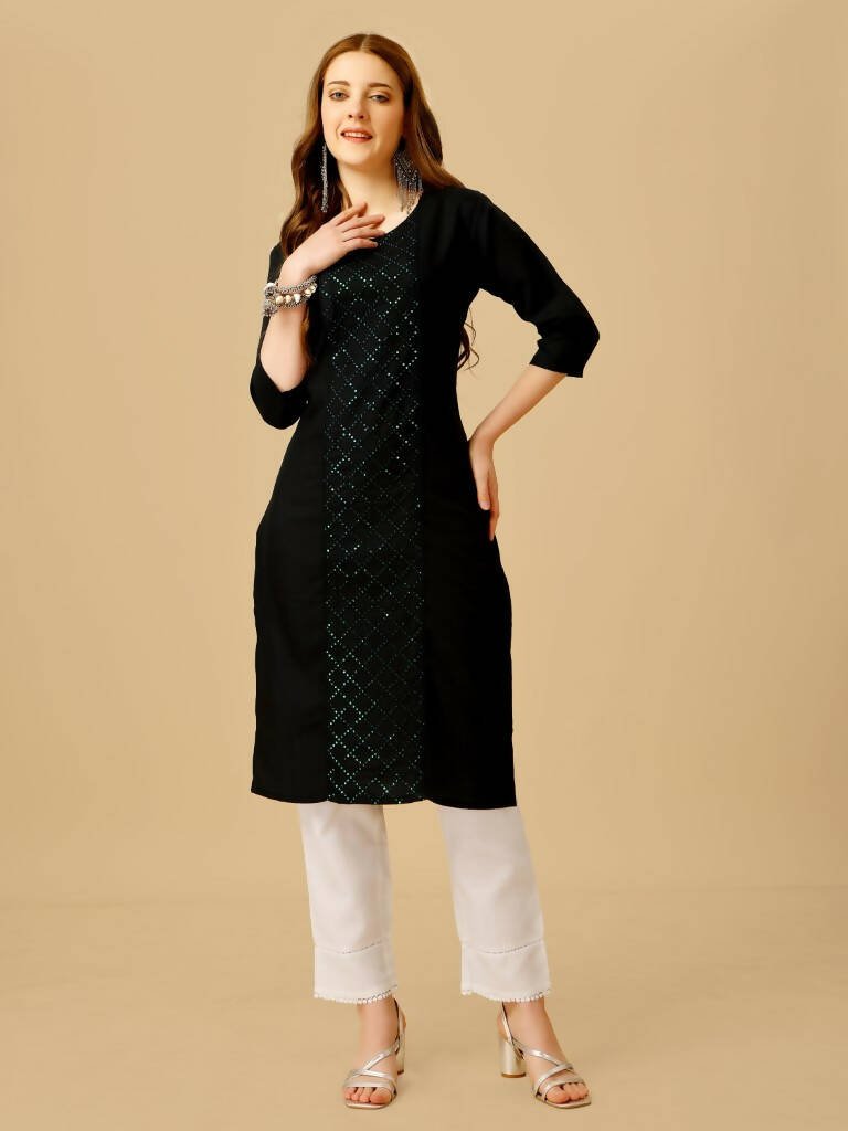 Aastha Fashion Women's Black Cotton Blend Embroidered Kurta Pant Set - Grab2buy