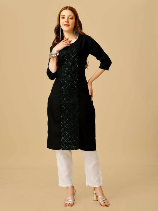 Aastha Fashion Women's Black Cotton Blend Embroidered Kurta Pant Set - Grab2buy