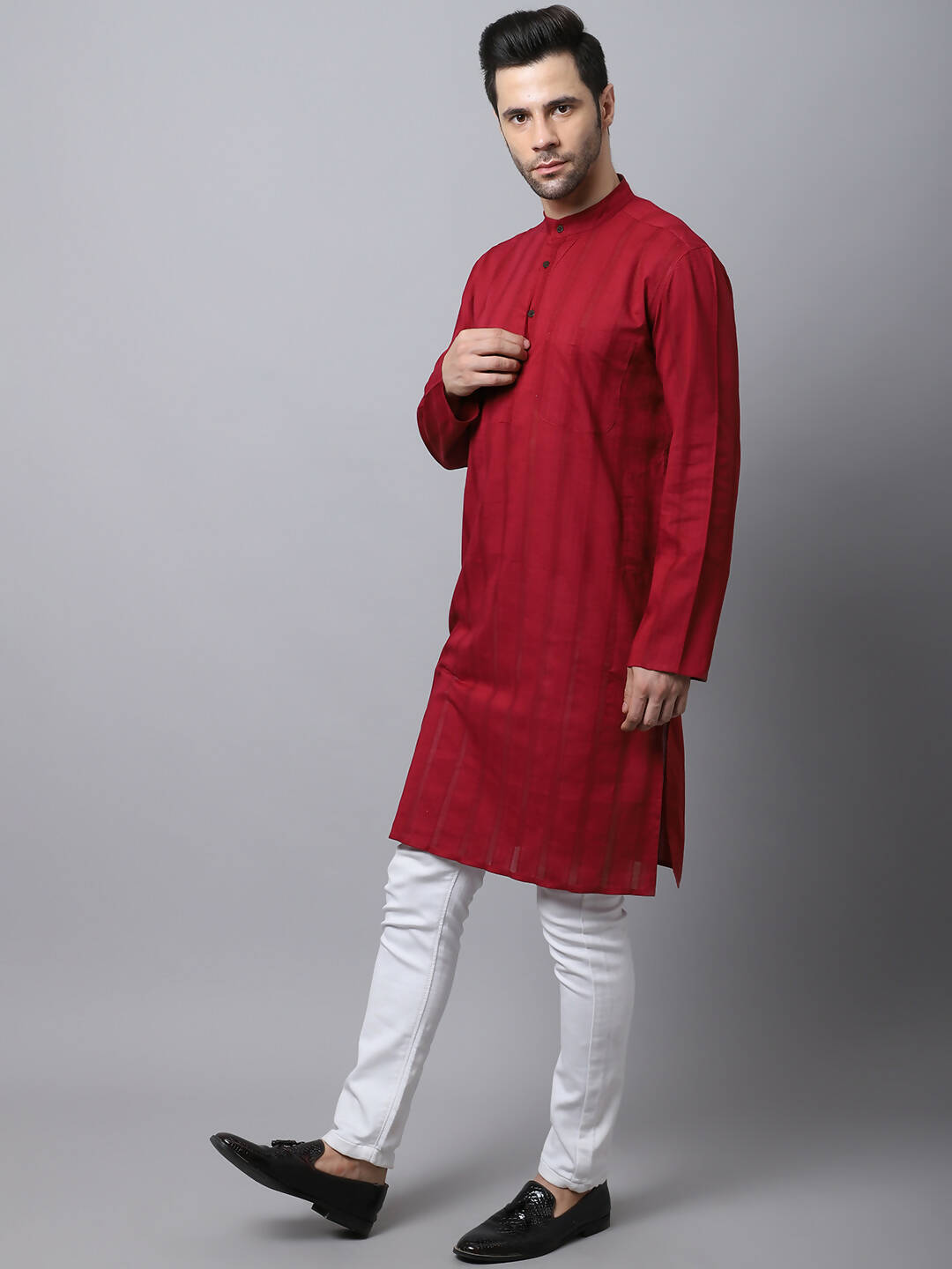 Even Apparels Maroon Pure Cotton Men's Kurta With Band Collar