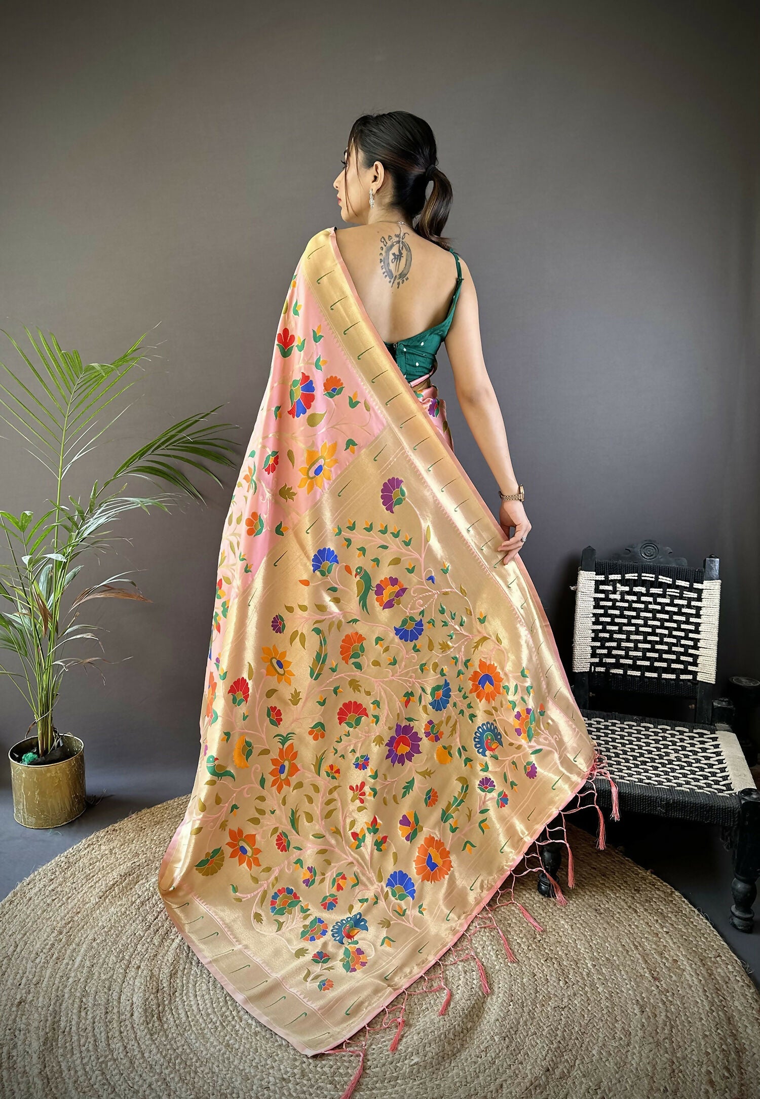 Joban Fashion Peach Zari Woven Floral Motifs Soft Silk Paithani Silk Saree