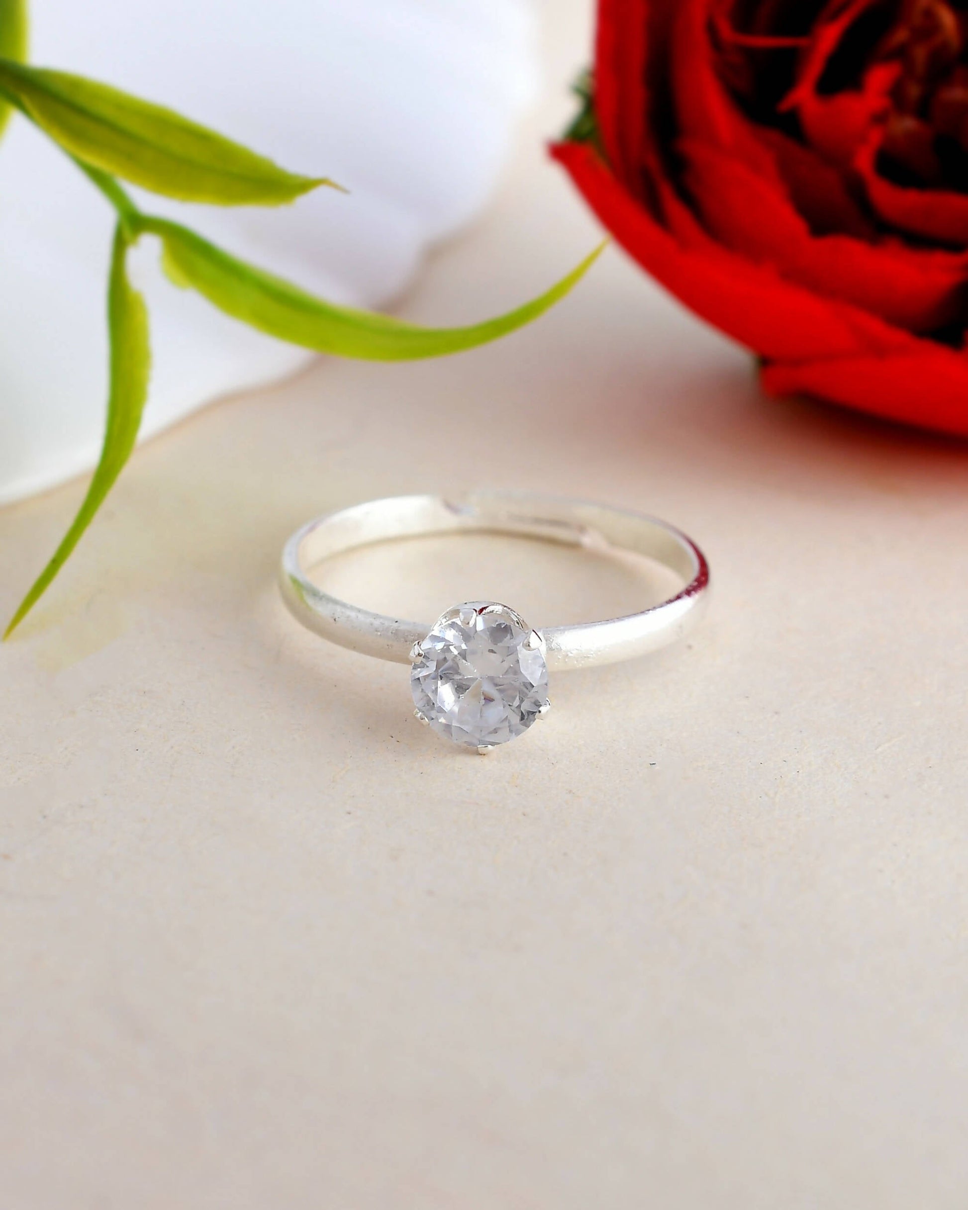 VOJ white CZ-detail Stainless Steel Cubic Zirconia Silver Plated adjustable finger Ring 