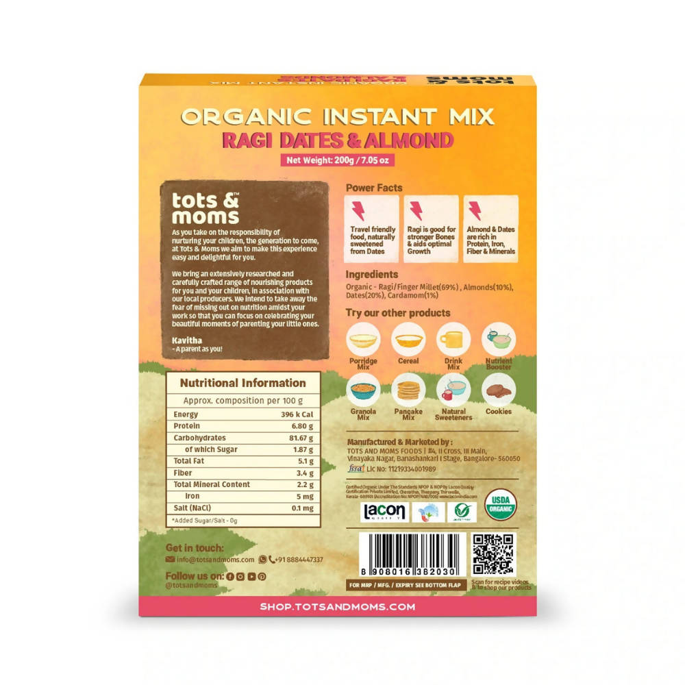 Tots and Moms Organic Ragi Dates & Almonds Instant Mix - Grab2buy