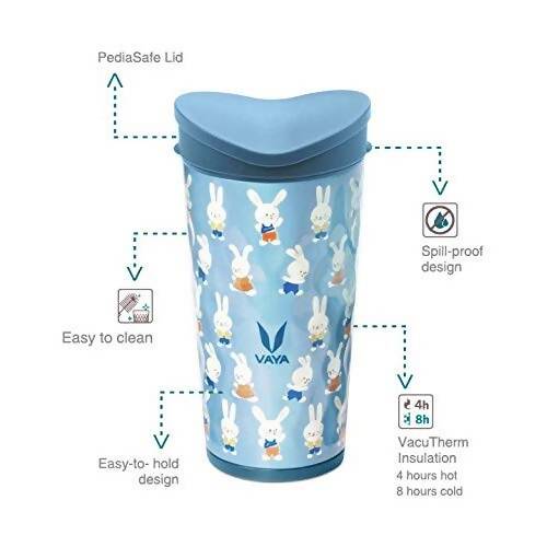 Vaya Drynk Stainless Steel Strawless Silicone Bunnies Print Spout Tumbler With Spill-Proof Pediasafe Lid - 350ml (Blue) 