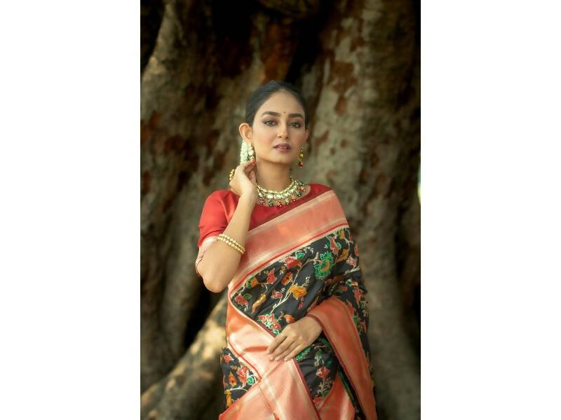 Aastha Fashion Women's Black Banarasi Silk Meenakari Zari Woven Saree with Blouse - Grab2buy