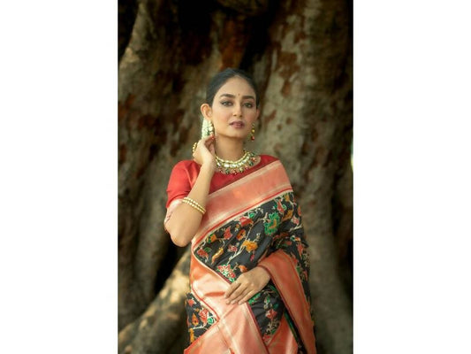 Aastha Fashion Women's Black Banarasi Silk Meenakari Zari Woven Saree with Blouse - Grab2buy