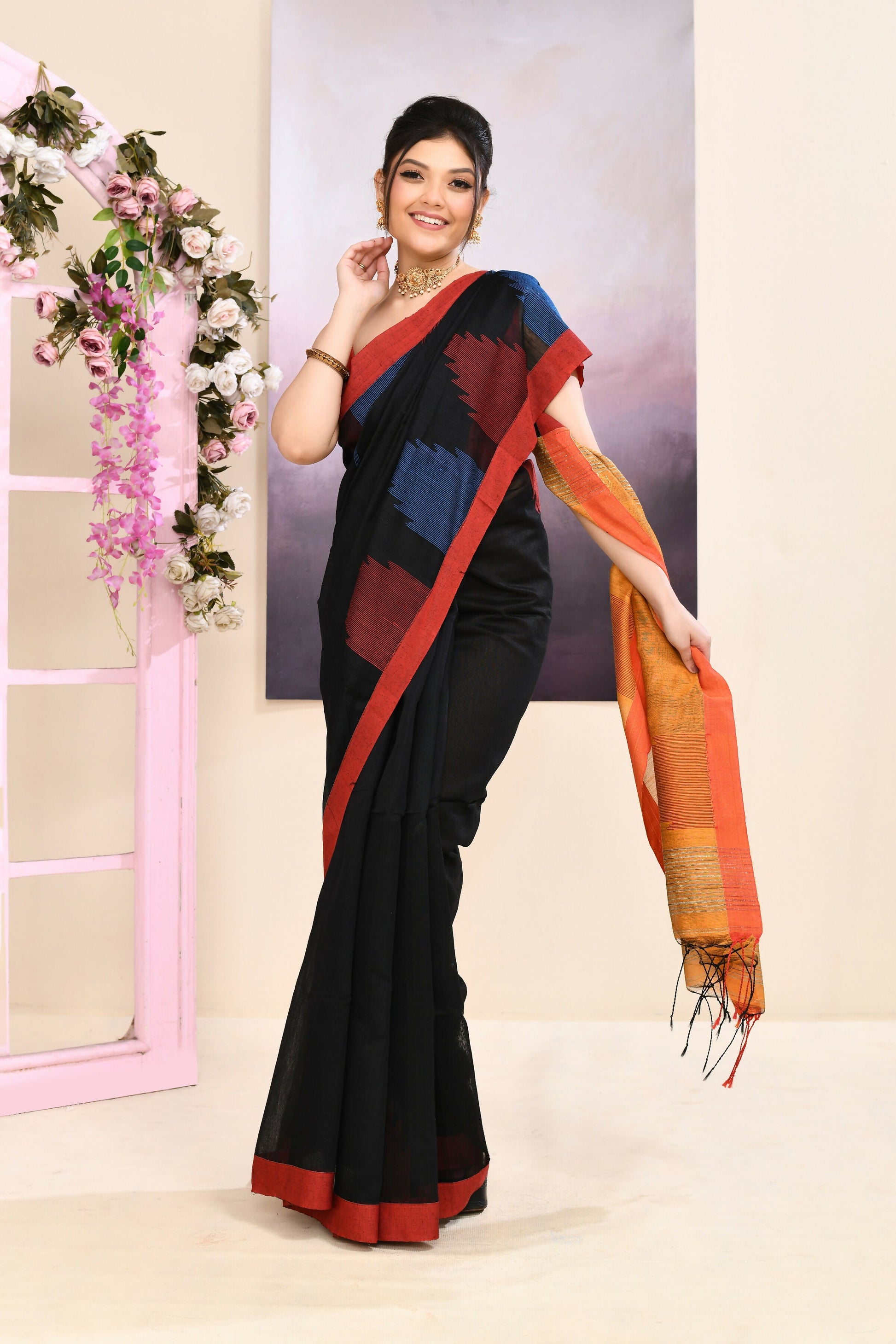 Piyari Fashion Women's Black Temple Border Embellished Cotton Blend Jamdani Saree