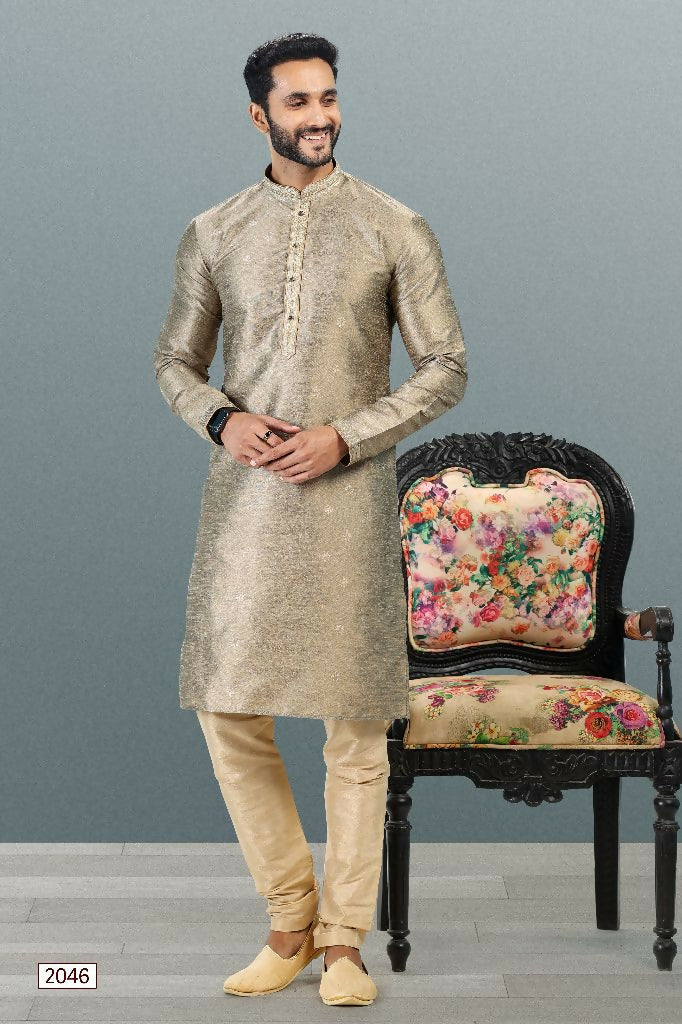 Raivat Ethnic Jacquard Banarasi Silk Pintux Work Kurta Pajama In Tusser Colour