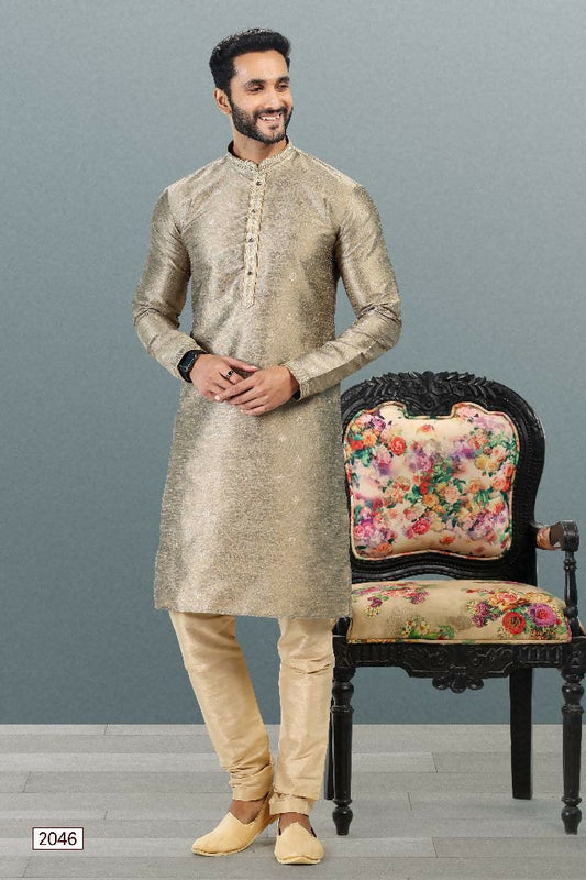 Raivat Ethnic Jacquard Banarasi Silk Pintux Work Kurta Pajama In Tusser Colour