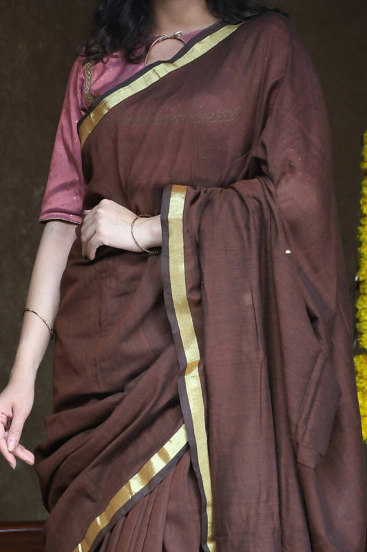 Very Much Indian Pure Cotton Handloom Saree With Intricate Borders - Brown - Grab2buy