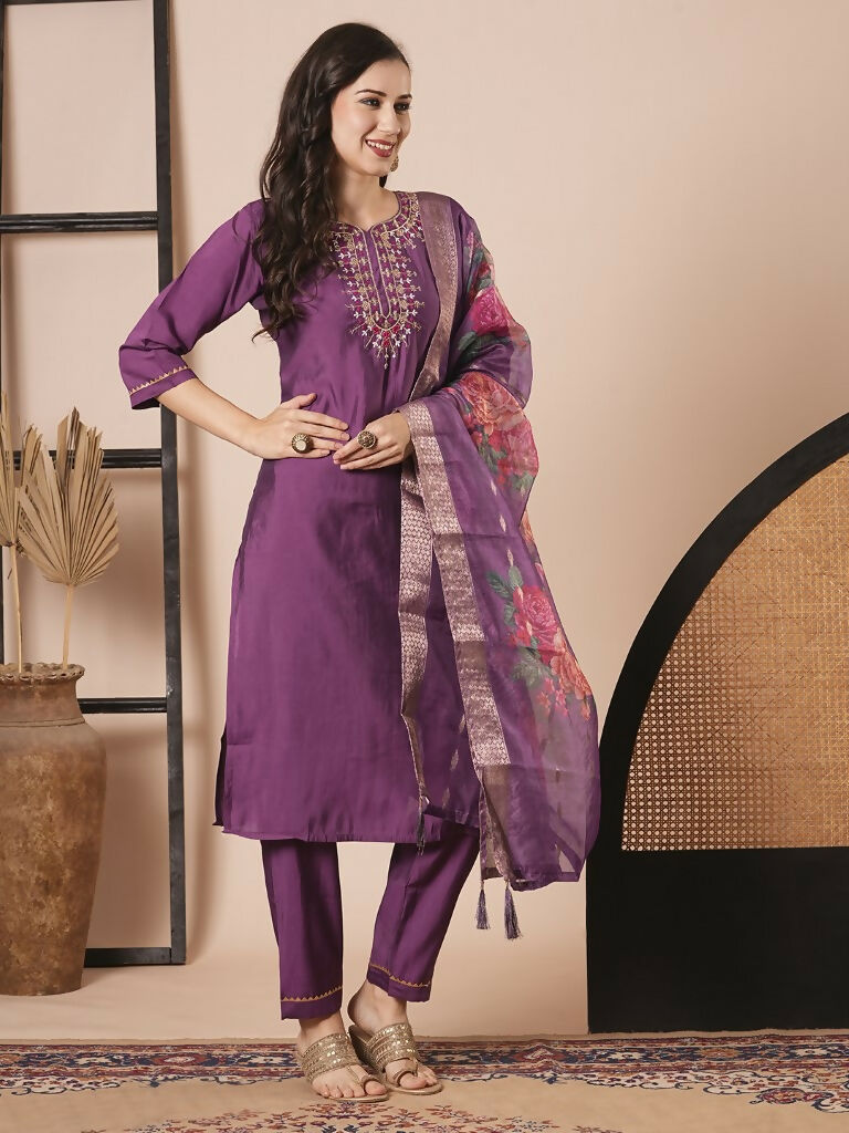 Purple Viscose Chanderi Embroidery Work Kurta Set - Riya