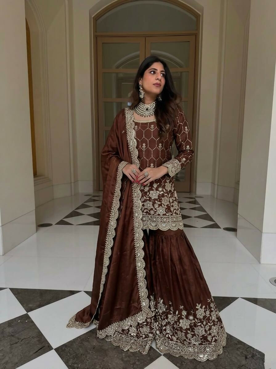 Teeya Creation New Trendy Latest Designer Embroidery Sharara Kurta Set -Brown