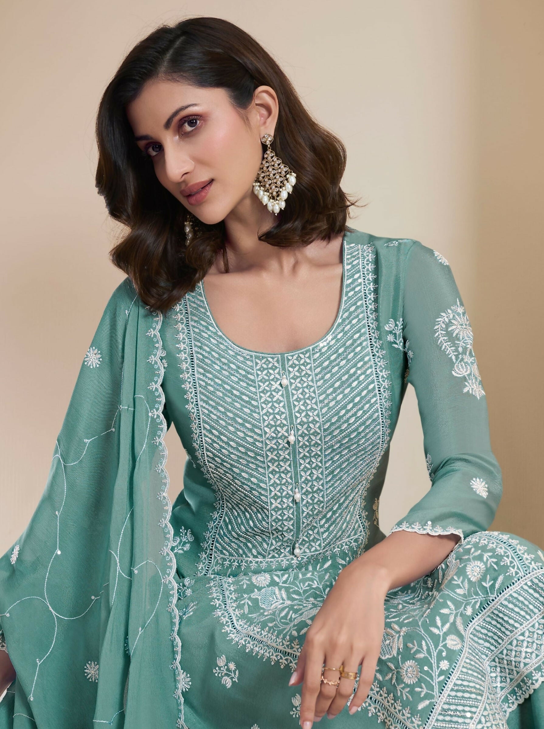 Anaita Green Chinon Embroidered Thread Work Stitched Salwar Suit