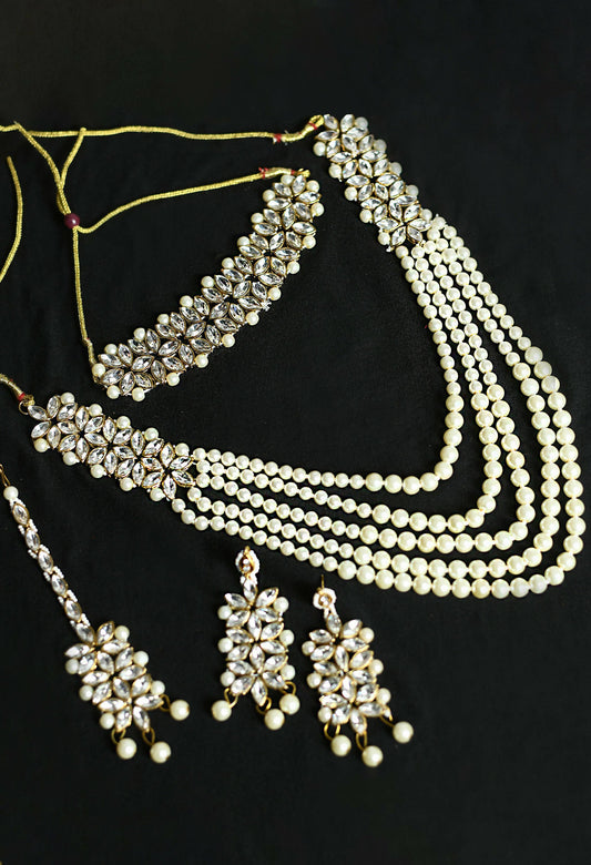 Mominos Fashion Johar Kamal Gold-Plated Rani Haar with White and Off white Pearls Jewellery Set - Grab2buy