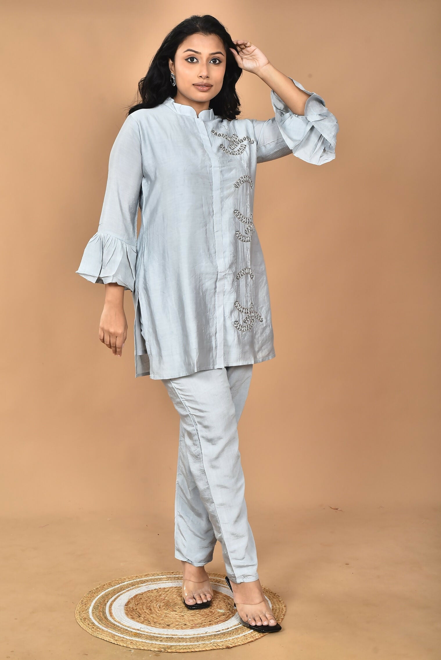 Morchari Women Hand Embroidery Co-Ords-Grey 