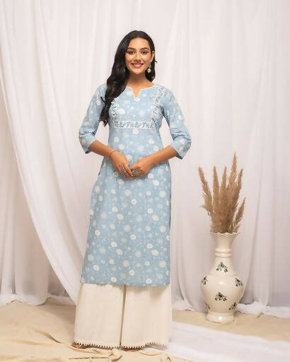 FIORRA Women's Floral Printed Sky Blue Cotton Straight Kurta 