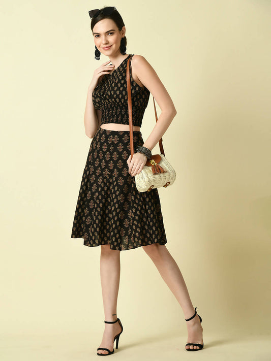 Myshka Women's Black Pure Cotton Printed Flared Skirt
