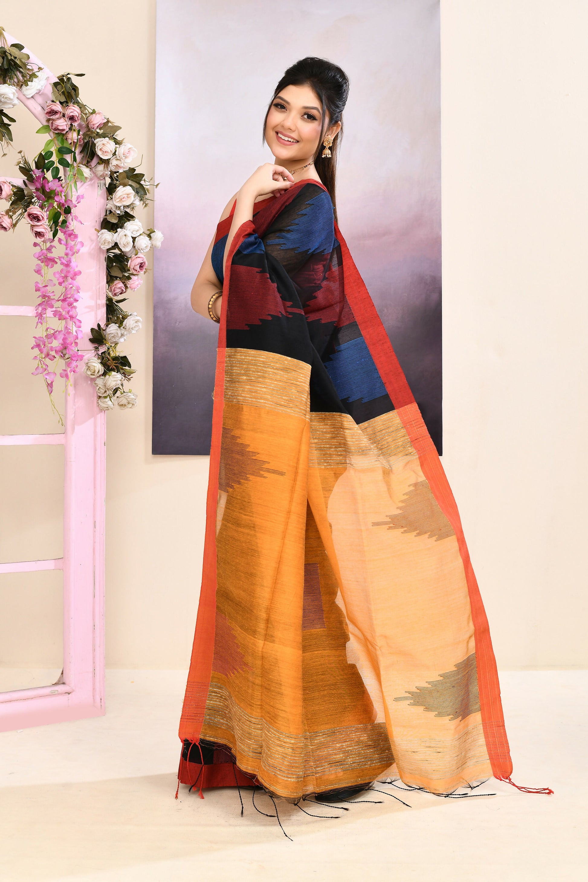 Piyari Fashion Women's Black Temple Border Embellished Cotton Blend Jamdani Saree