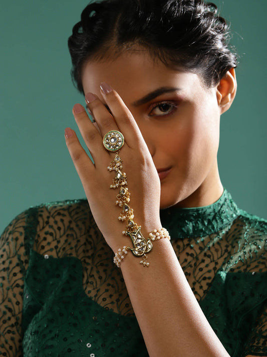 Women's Gold-Toned White Brass Kundan Gold-Polished Link Bracelet - Ruby Raang  Grab2Buy Ruby Raang Grab2Buy