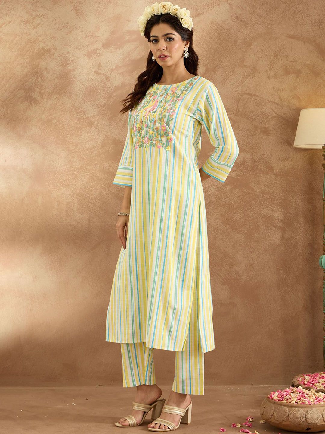 Indo Era Women Floral Embroidered Regular Thread Work Pure Cotton Kurta with Trousers