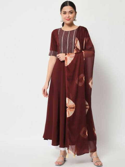 FIORRA Women's Maroon Poly Crepe Flared Kurta With Dupatta 