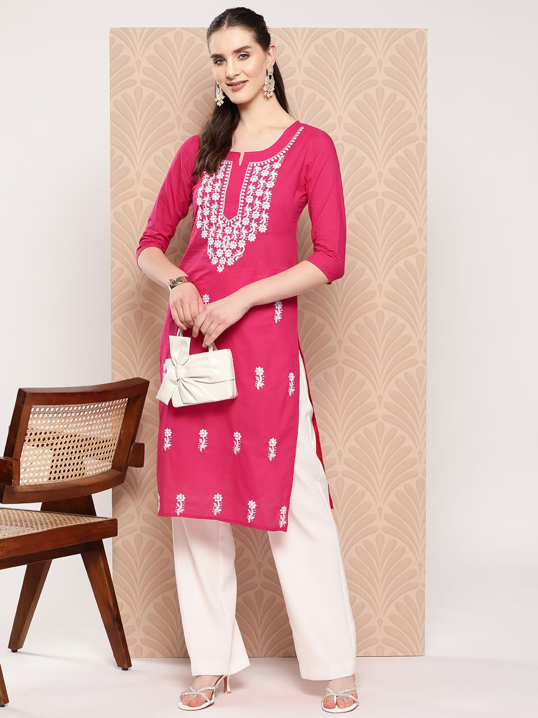 Yufta Hot Pink Floral Embroidered Pure Cotton Kurta 