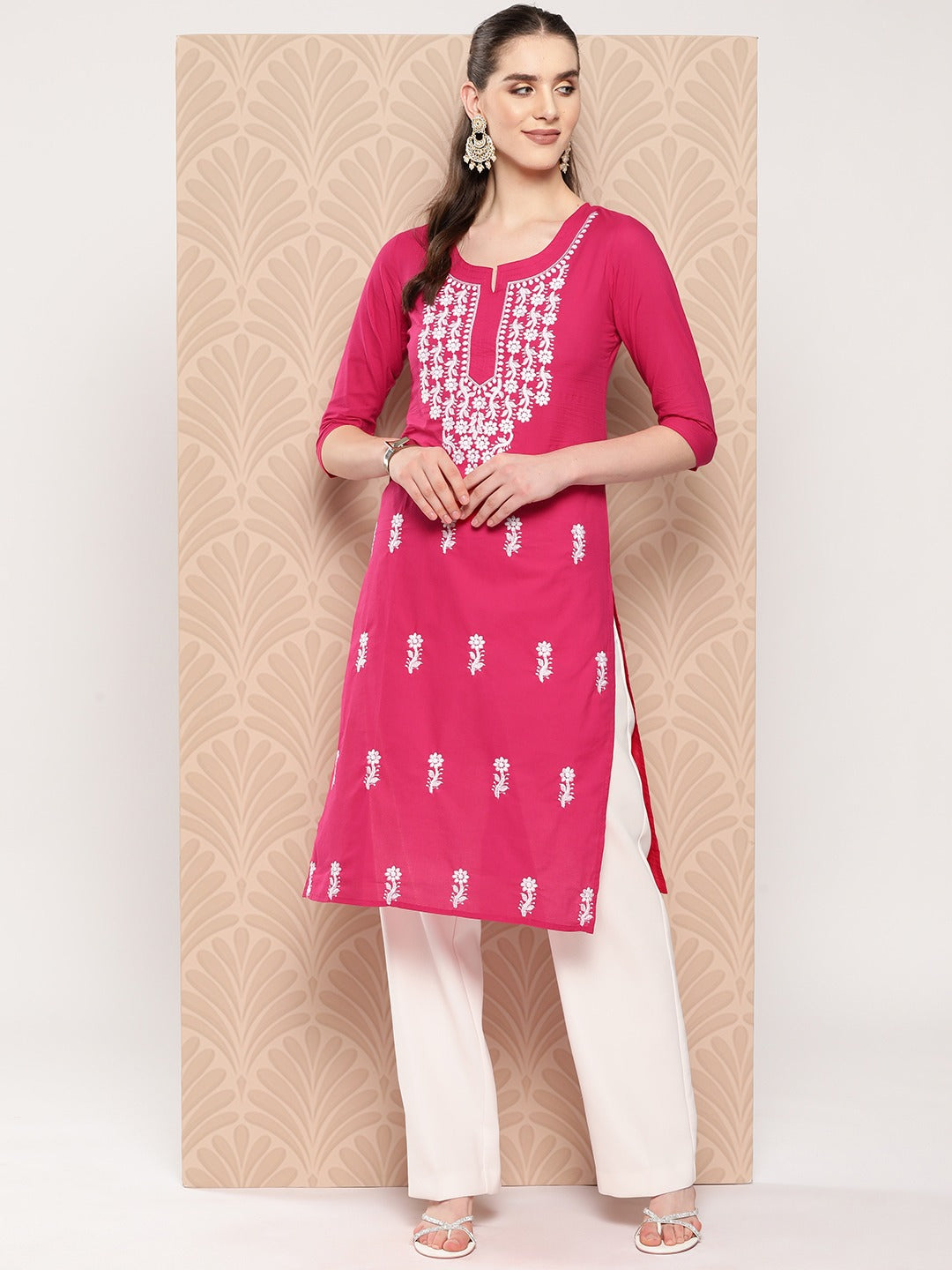 Yufta Hot Pink Floral Embroidered Pure Cotton Kurta 
