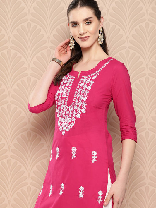 Yufta Hot Pink Floral Embroidered Pure Cotton Kurta 