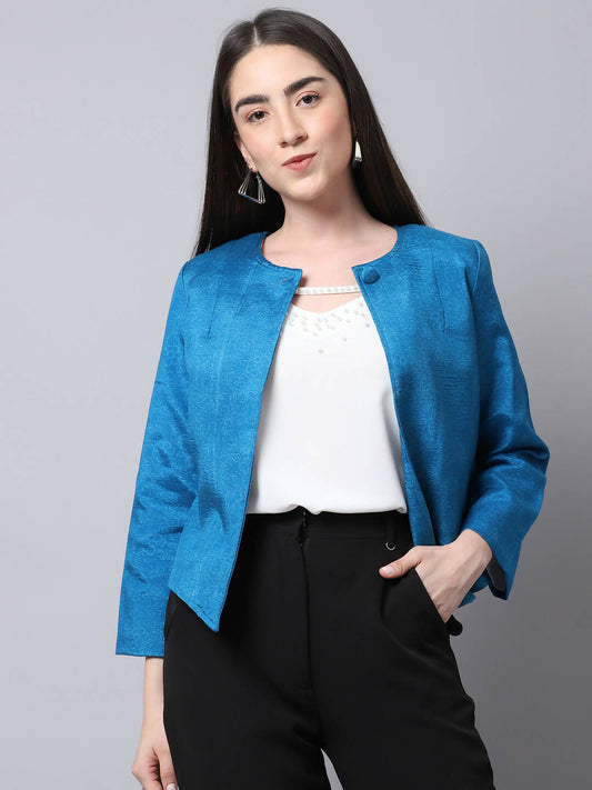 Even Apparels Blue 100% Viscose Open Front Statement Women's Jacket - Grab2buy