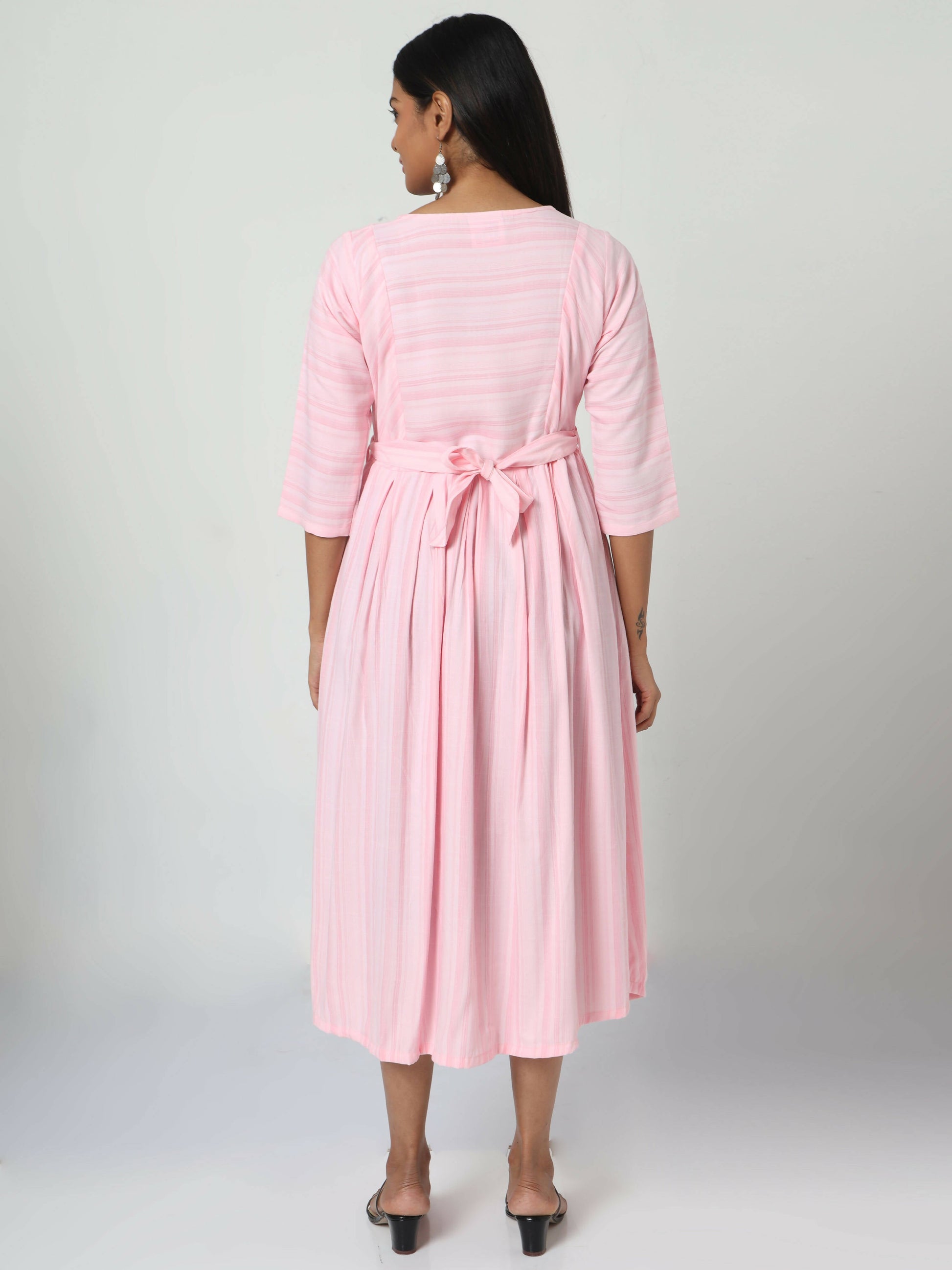 Manet Three Fourth Maternity Dress Striped With Concealed Zipper Nursing Access - Pink