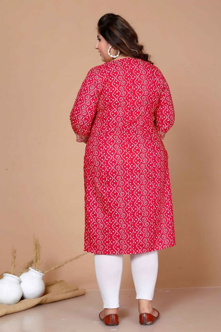 Miravan Women's Plus Size Pink Bandhani Pakistani Straight Kurti 