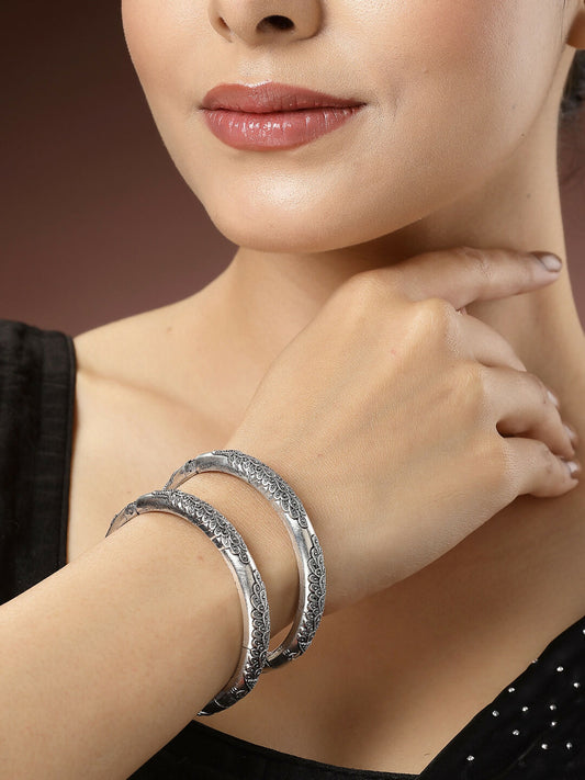 NVR Women's Set of 2 Silver-Toned German Silver Peacock Design Oxidised Kada Bangle | Grab2Buy