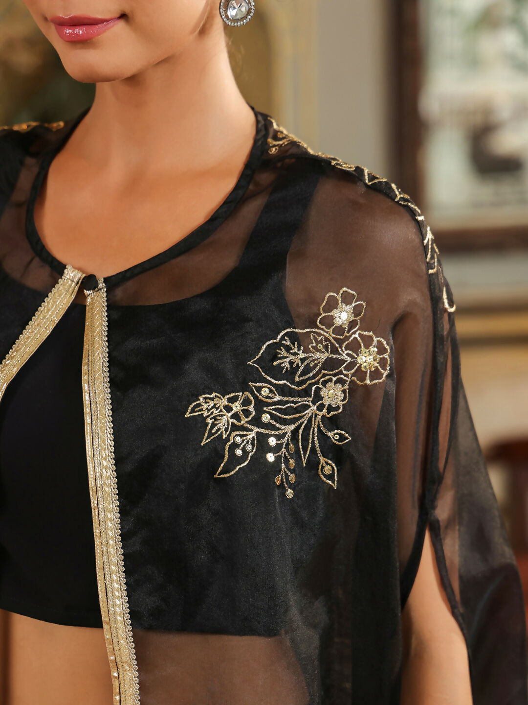 Janasya Black Georgette Solid Top Bottom Cape 