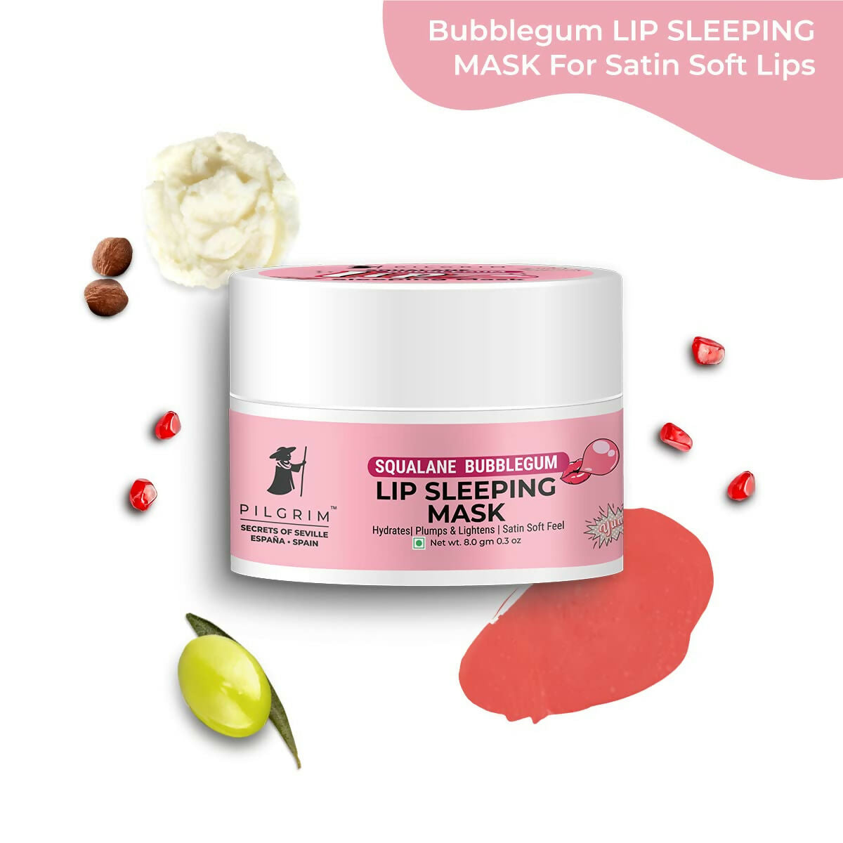 Pilgrim Spanish Lip Sleeping Mask (Bubblegum) with Shea Butter & Pomegranate For Hydrated & Soft Lips 