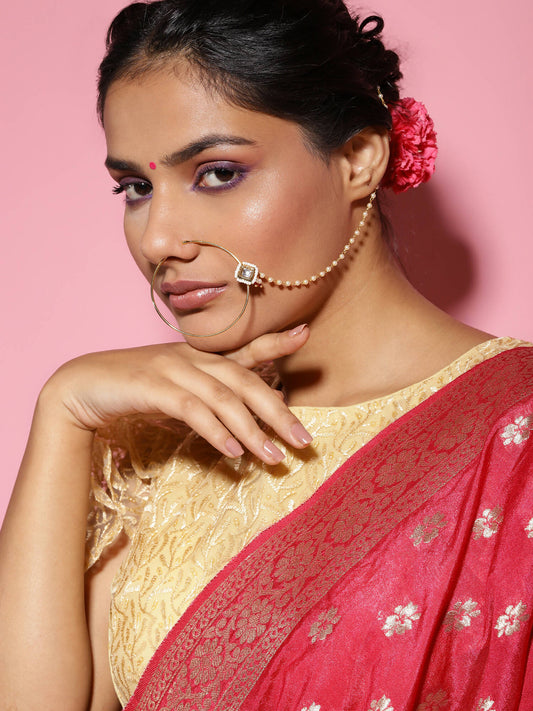 White Gold-Plated Kundan Studded Beaded Nosepin - Ruby Raang - Grab2buy