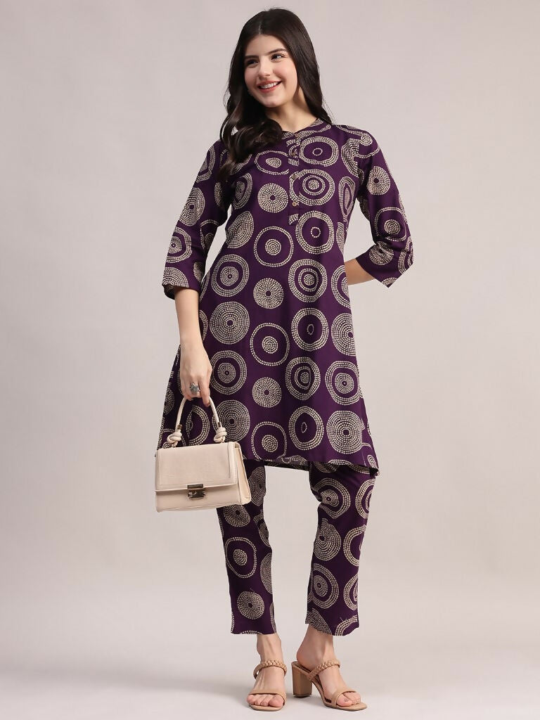 Aavyora Women's Purple Abstract Printed Pure Cotton Co-ord Set 