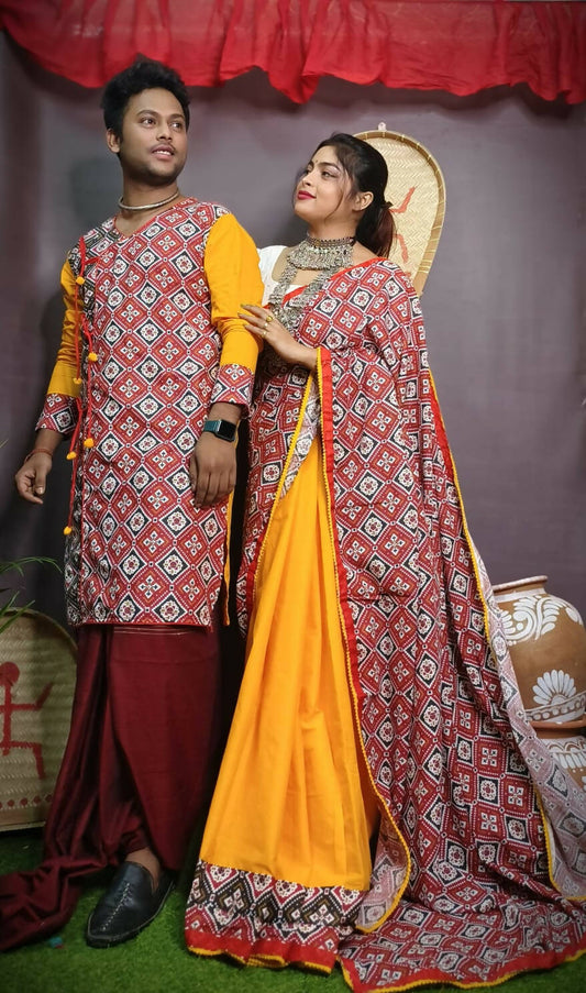 Exclusive Collection Grab2Buy With Blouse Piece For Women And Men's Kurta - Yellow 