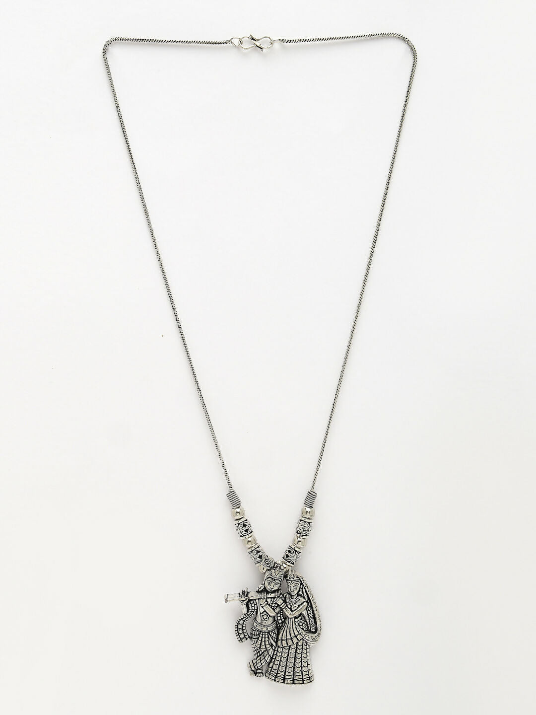 NVR Women's Silver-Toned Radha Krishna Pendant with Chain 