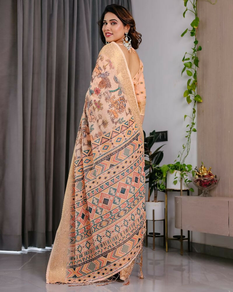 PR Fashion Cream Pure Handloom Linen Saree