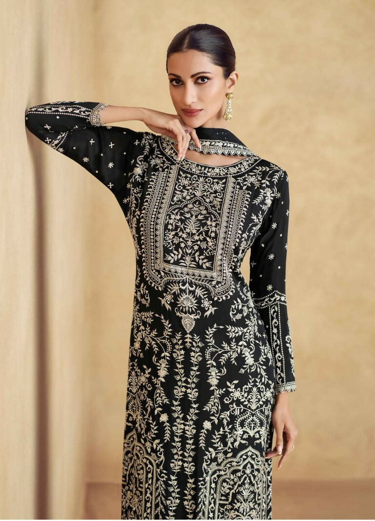 Vastranavya Black Chinon Silk Embroidered Sequins Pakistani Straight Pant Suit  Grab2Buy Vastranavya Grab2Buy