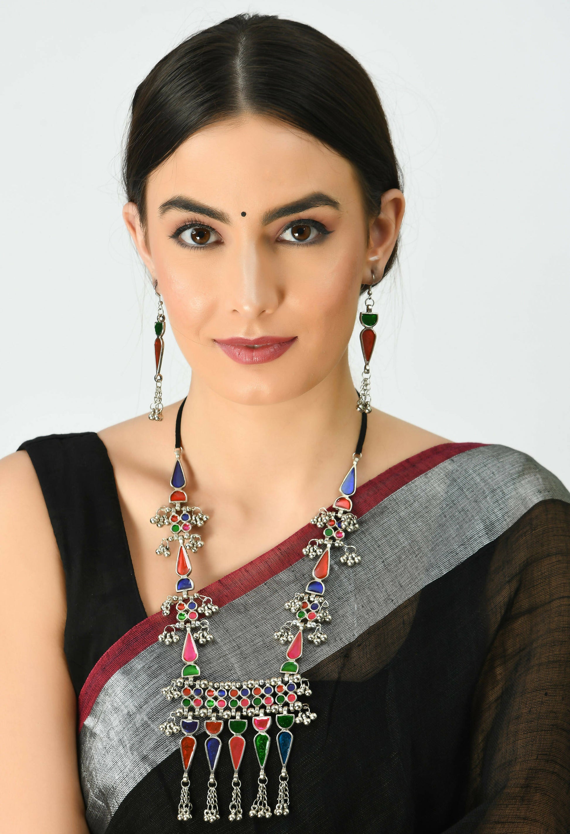 Mominos Fashion Johar Kamal Oxidised Silver-Plated Meenakari Multi Long Necklace Set For Women - Grab2buy