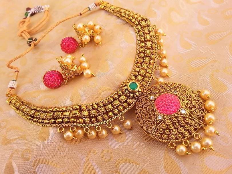 Multicolor Antique Necklace Set with Pearl Drops